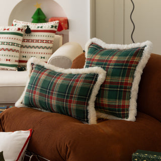 Classic Christmas Sherpa-Lined Throw Pillow Classic Plaid Tartan Design for Cozy Holiday Decor