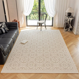 Easy Clean Rug Elegant Beige Medallion Spillproof Pet-Friendly Modern Living Room Bedroom Area Rug