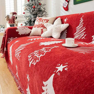 Merry Christmas Chenille Sofa Cover Festive Red with Tree & Star Design for Holiday Decor