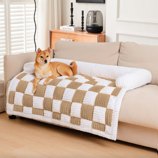 Cream Square Plaid Cozy Dog Mat Furniture Protector Cover