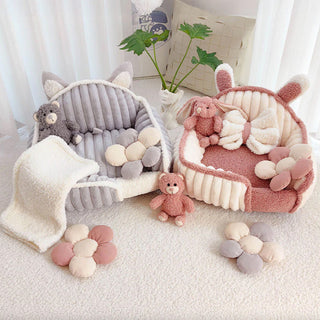 Cream Pink Fluffy Cozy Washable Dog & Cat Sofa Bed